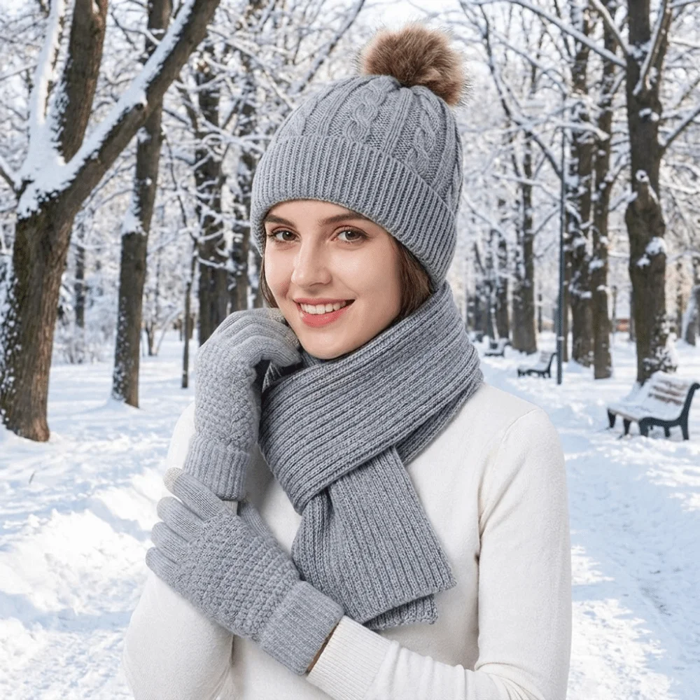 3Pcs/Set Cold Proof Scarf Hat Gloves Set Touch Screen Warmer Mittens Woolen Hat Acrylic Fibers Soft Pullover Cap Cycling