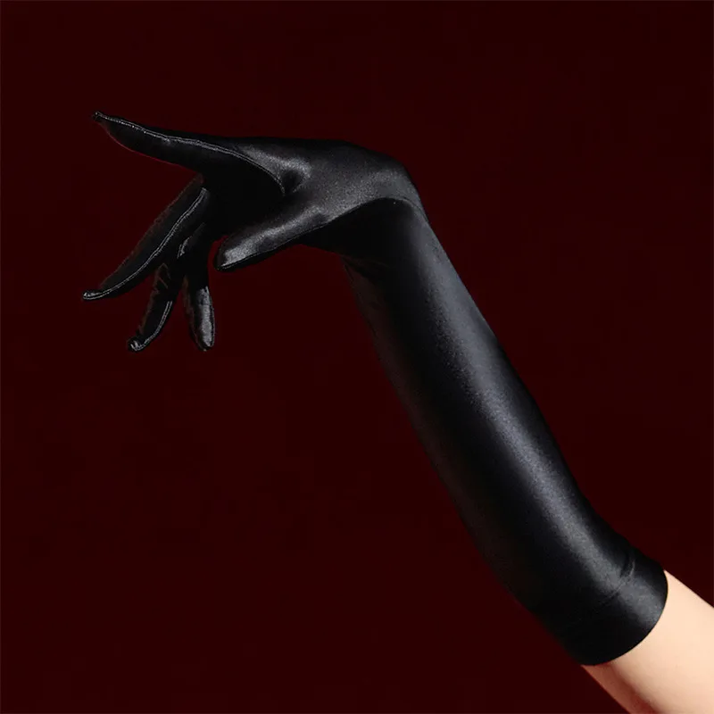 High Density Soft Elastic Oil Shiny Smooth Anti-Hook Five-Finger Women Sexy Long Gloves Pole Dance Party Cosplay Stage Performan