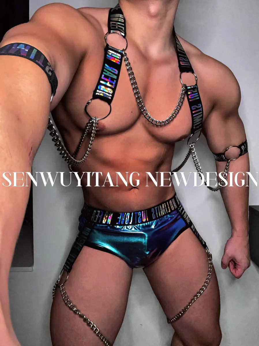 

Tech inspired Colorful Elastic Strap Clothes One piece Strap Nightclub DJ Bar Holiday Party Male Singer Performance Clothing