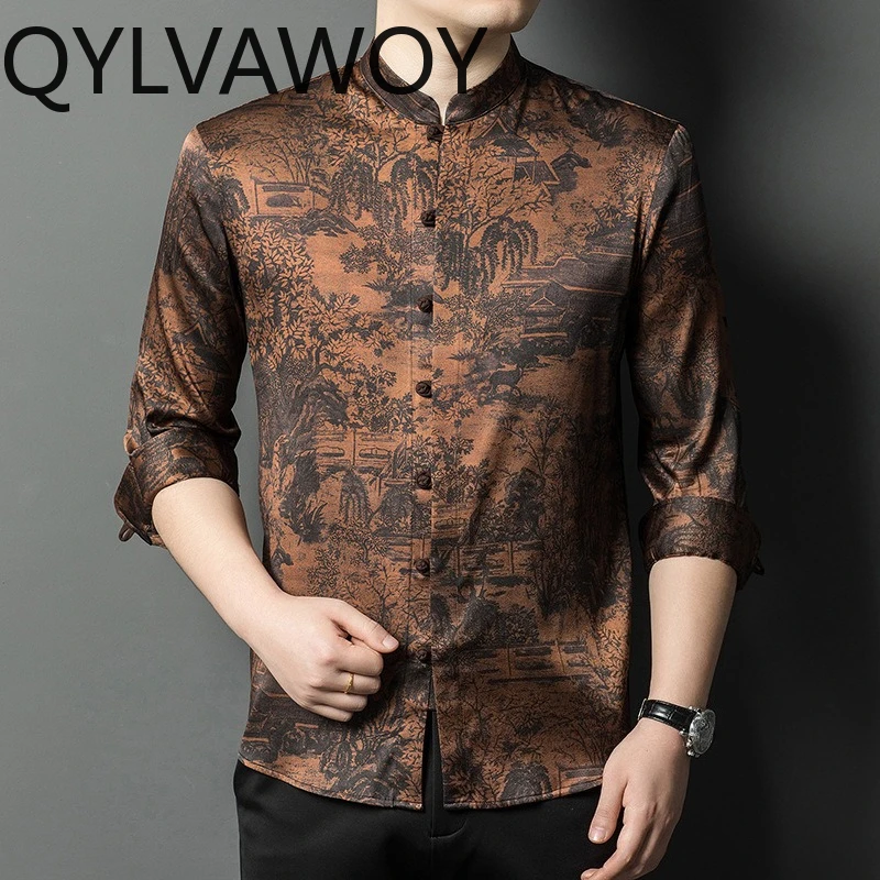 QYLVAWOY 100% Real Mulberry Silk Men's Shirts Long Sleeves Tops Xiangyunsha Shirts for Man High-end Camisas Masculina Business
