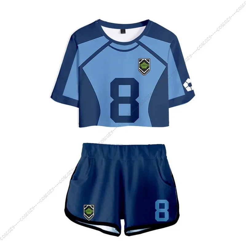 2023年新作 ブルーロック レディース ツーピースセット ショートパンツ+クロップトップス Tシャツ 夏服 ヒップホップ バチラヨウイチ ストリートウェア
