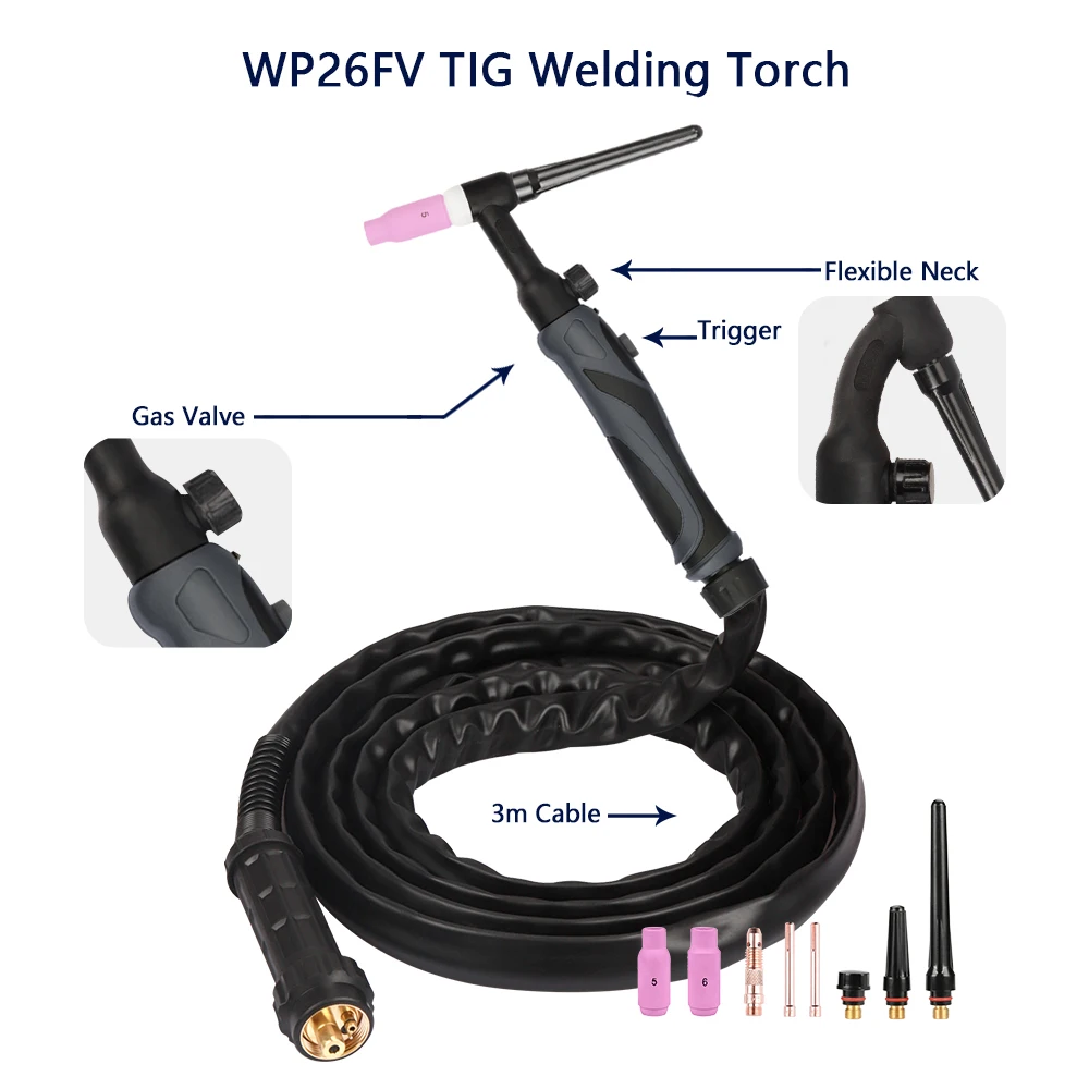 WP26 WP26FV TIG Welding Torch 200A Argon arc welding gun WP-26 wp-26fv 3m Argon tungsten arc welding gun European interface