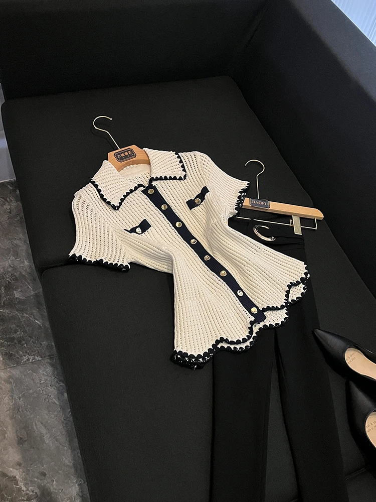 

New Design Color Blo Collar ort Sve Knitwear Top Ele Single Button Pleated Sweet Sle Summer Faion Women's...