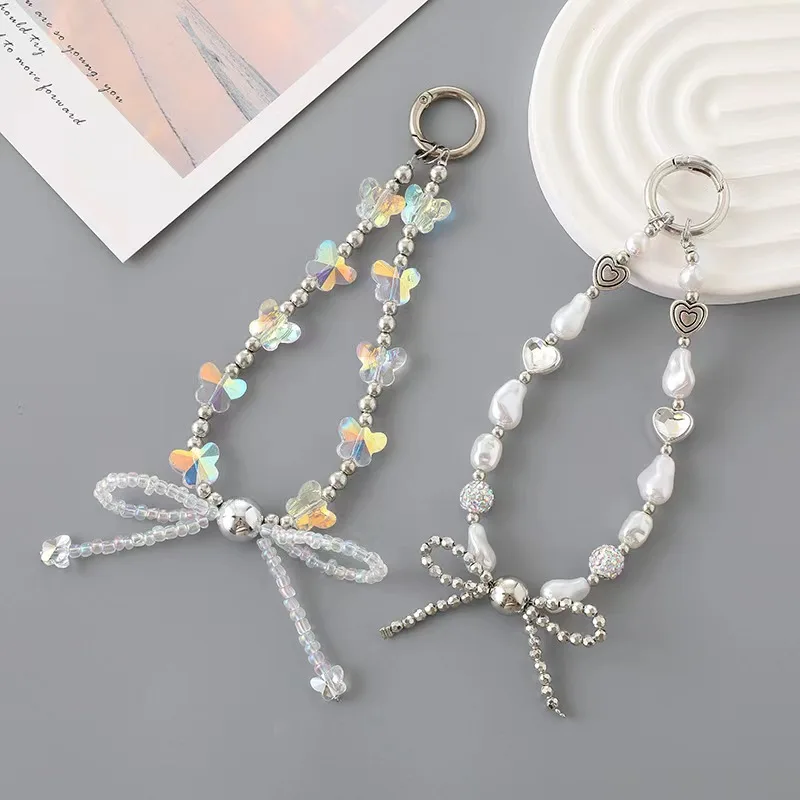 

Винтажный шнурок для сотового телефона ручной работы, милый очаровательный ремешок для телефона, брелок с бантом, бабочкой и жемчугом, подвеска для девушки и женщины, подарок