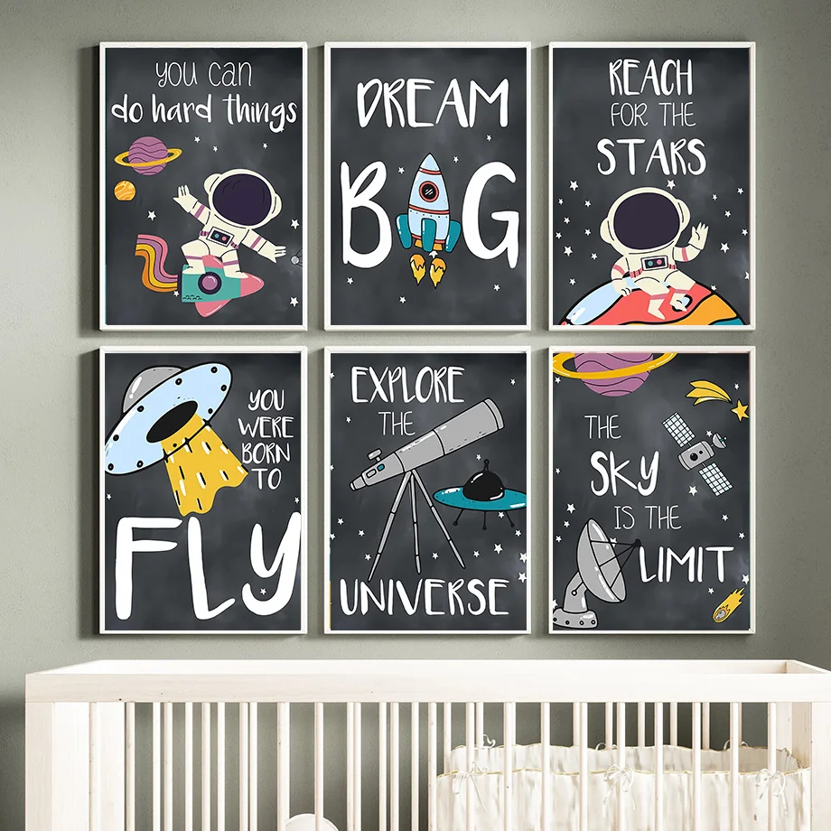 

Space Spaceship Baby Room Wall Art Canvas Painting Astronaut Posters Rocket Prints Moon Kids Room Decorative Painting Home Mural