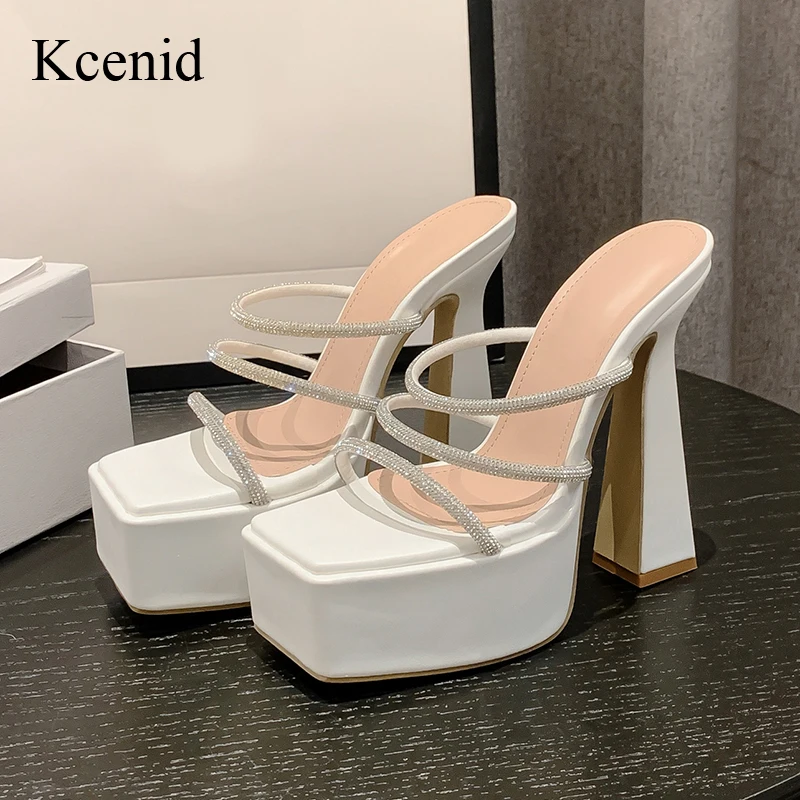 

Kcenid 2023 Summer Slide Extreme Chunky High Heels Sexy Crystal Narrow Band Platform Women Slippers Ladies Party Dress Shoes