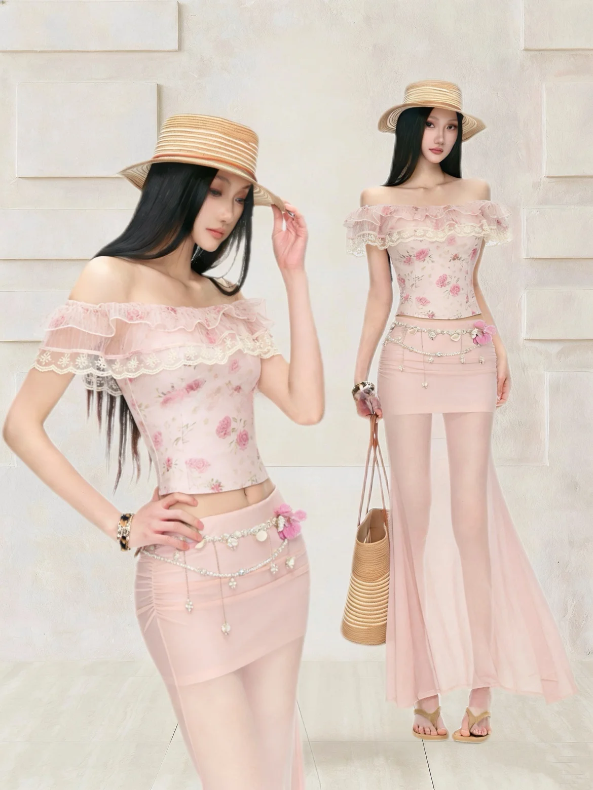 

Pink Lace Floral Print Shoulder Bared Long Beaded Chain Wrap around Bodycon Skirt Set Elegant Style Casual Wear Summer Fashion