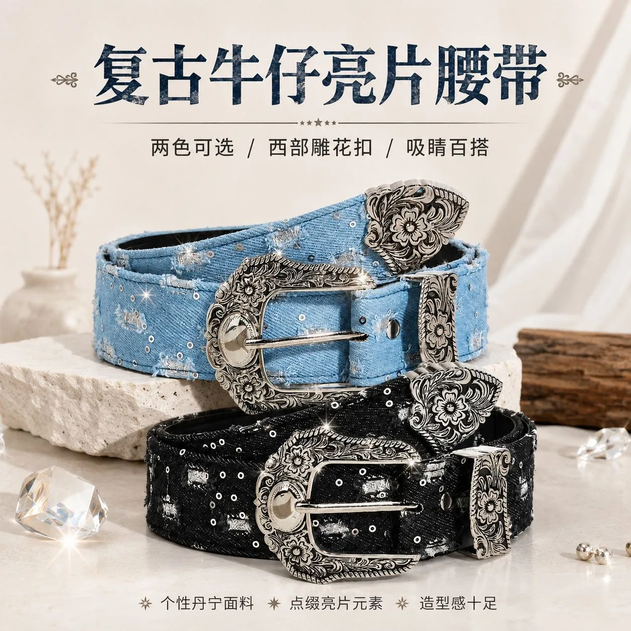 Y2k Retro Belt Western Style Carved Buckle Wide Denim Waist Belt Light Blue Studded Detail Leather Belt Black Cowboy Buckle Belt
