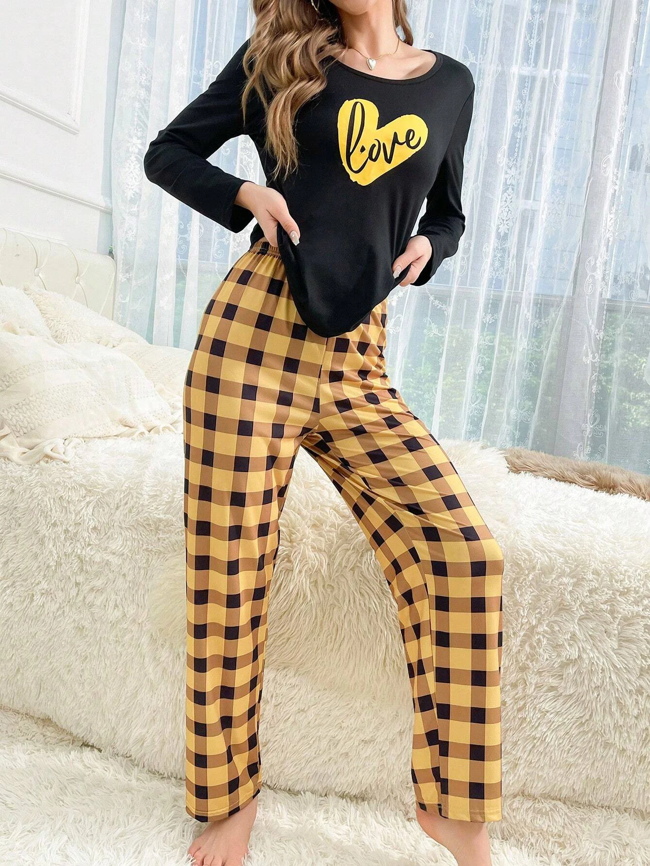 Women Pajamas Set Sleepwear Long Sleeve Round Neck Top Heart Letter Prints Allover Plaid Pants Casual Autumn Winter Loungewear