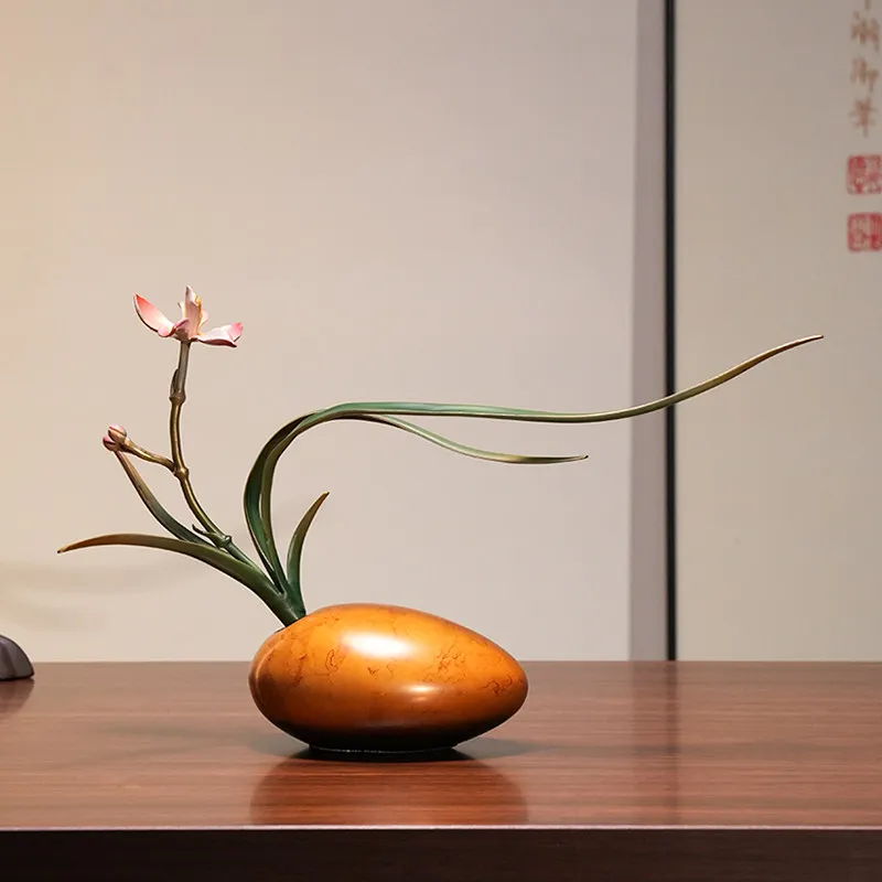 Aesthetic Zen New Chinese Style Copper Orchid Ornament for Office Study Tea Room Entrance Living Room Table Decoration
