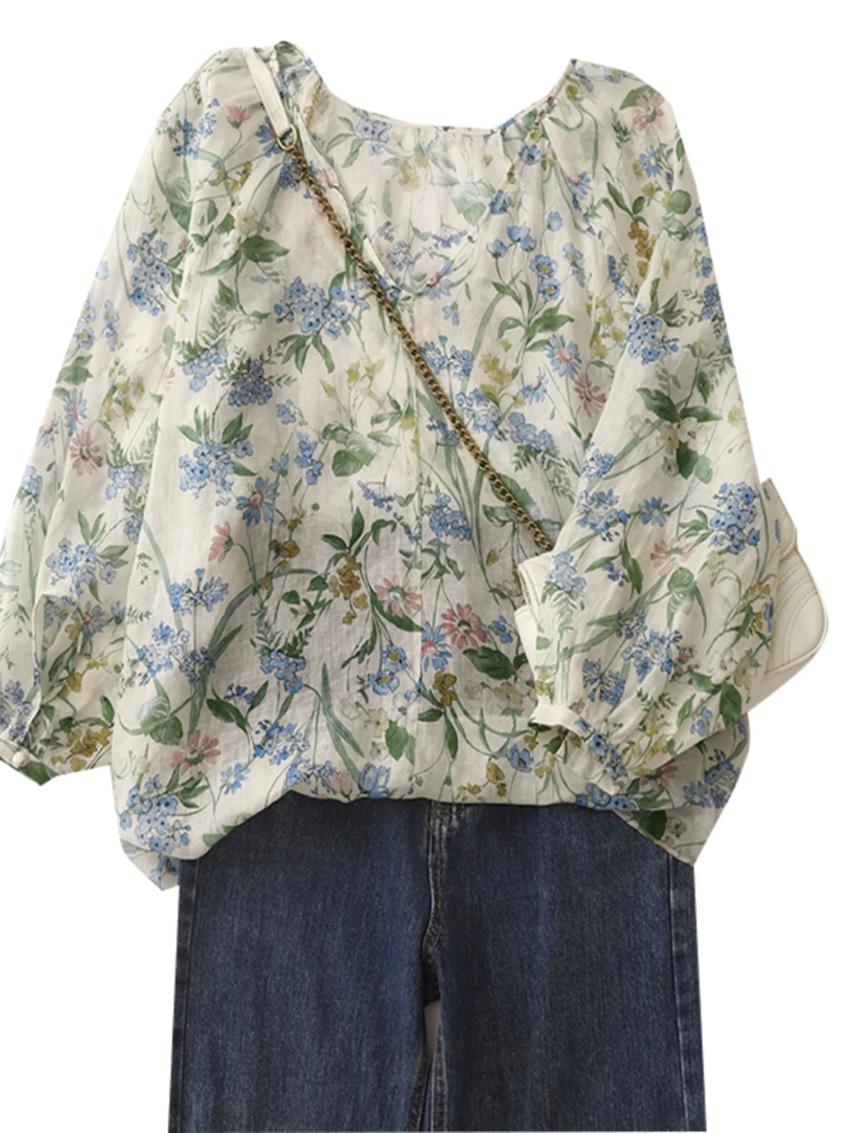 لطيف الرياح الكتان irt المرأة فضفاضة فانوس غير رسمي Sve V-Ne Lin دمية أعلى الخريف الأولي طباعة تخفيف Sle طويل Sve #5