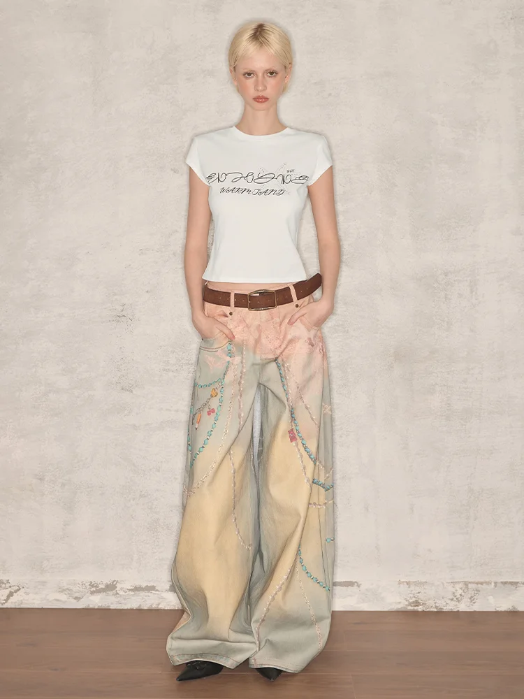 Y2K Dames Retro Jeans 3D Hangende Decoratie Afdrukken Losse Trendy Cool Joggingbroek Streetwear