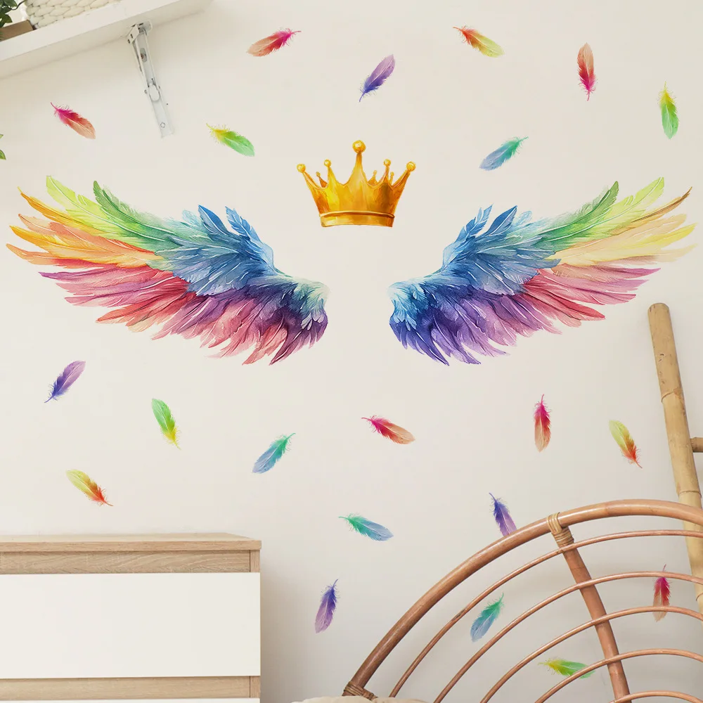 Removable Fantasy Wall Sticker, Rainbow Angel Wings with Golden Crown & Feathers Decal for Cozy Home Decor