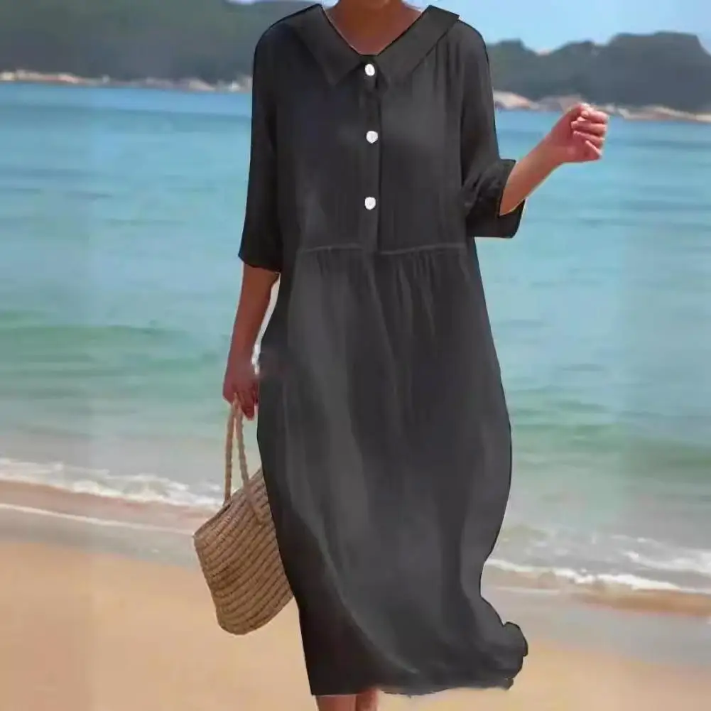 

Lady Dress Long Dress Elegant Doll Collar Midi Dress for Women Chic Pleated Pullover with Button Detail Stylish Wear for Summer