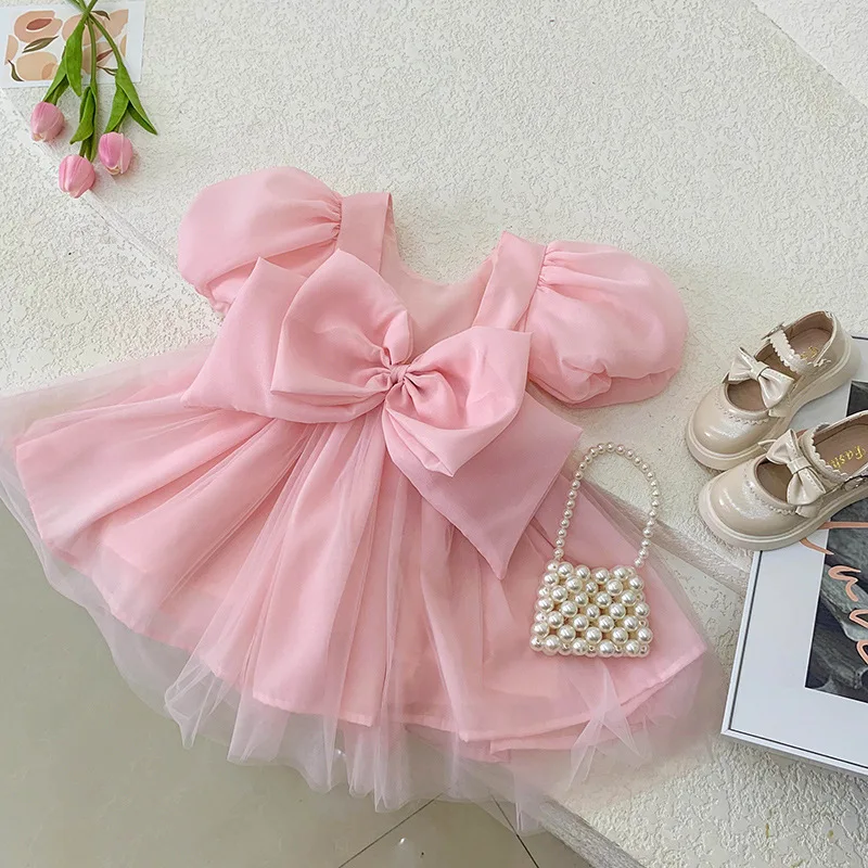 

Girl's Pink Princess Dress2024Spring and Summer New Children's Big Bow Dress Baby Mesh Skirt