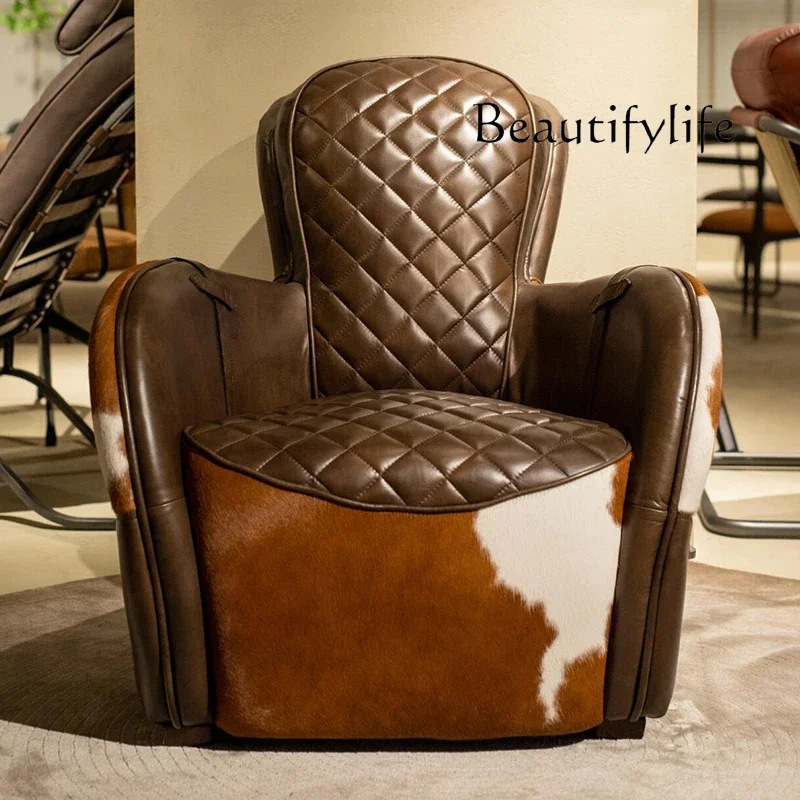 sZMedieval sofa chair living room retro leisure chair French oil wax leather tiger chair villa saddle cigar recliner