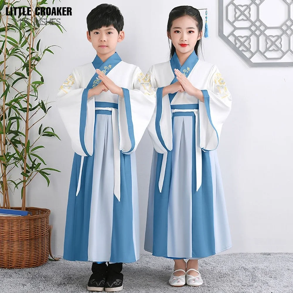 Traje de halloween para crianças antigas hanfu chinês uniformes da escola primária desempenho roupas meninos e meninas cosplay