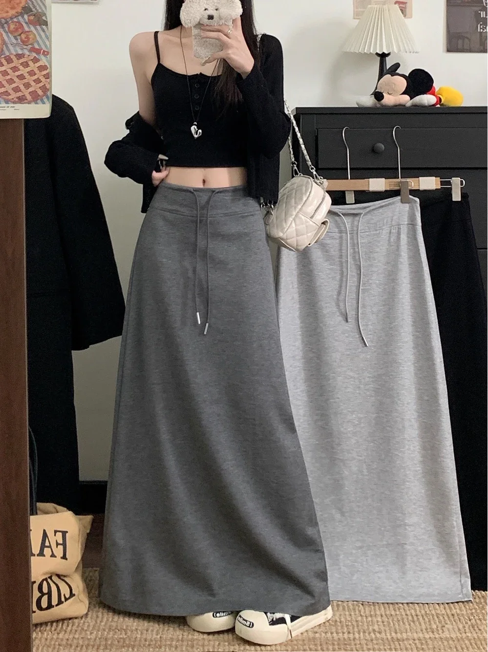 女性の Dstring 弾性 Ba スプリットシックな秋の新しい Sle スリミングスカートティーン向けレトロハイウエスト A ラインスカート