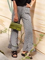 Pantalones de pierna ancha a cuadros Y2k para mujer, pantalones informales sueltos con dobladillo con volantes a cuadros Gingham, cintura elástica, ropa de calle, nueva moda