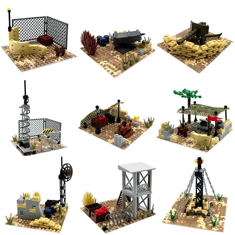 MOC Military Desert Battlefield Building Blocks Sentry Tower Command Post Rocket Launcher Artillery Model Bricks DIY Boys Gift