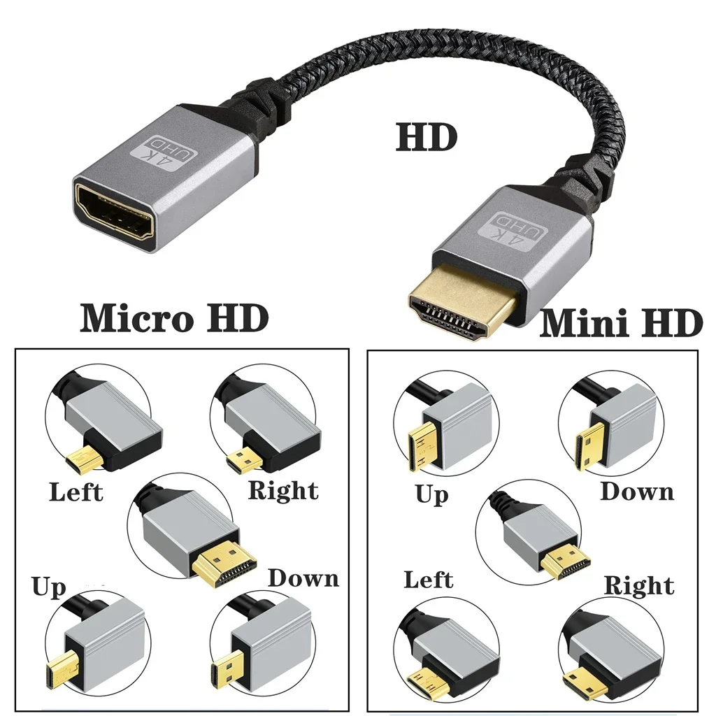 Left Right Up Down Right Angle Micro Mini HDMI-Compatible Male To HDMI Female Extension Audio Cable Adapter Extender Cord Hdmi