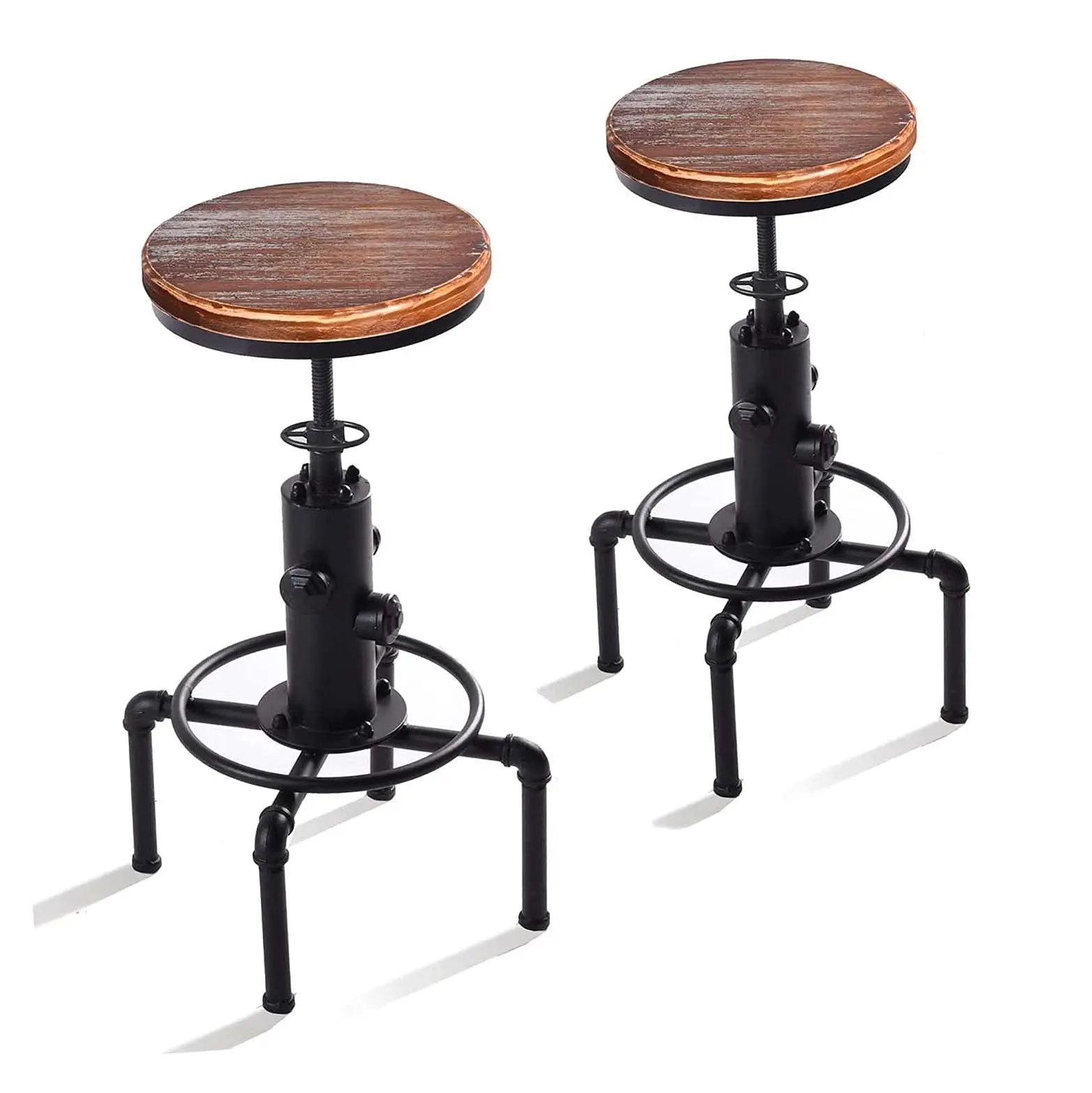 

Industrial Style Adjustable Bar Stools With Wooden Seat And Metal Pipe Frame, Swivel Counter Height 23.6-29.5 Inch, Set Of Two