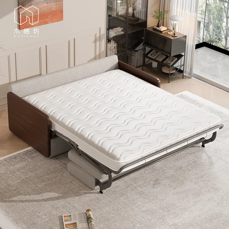 Muqifang solid wood can sleep for a long time, flipped sofa bed with mattress folding small apartment integrated dual-use