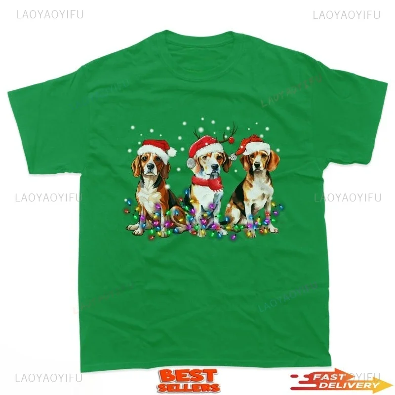 Beagle Dog Christmas Shirt Lights Dog Matching Family TShirt Funny Xmas Puppy Individuality Tshirt  Christmas Light Printing Top