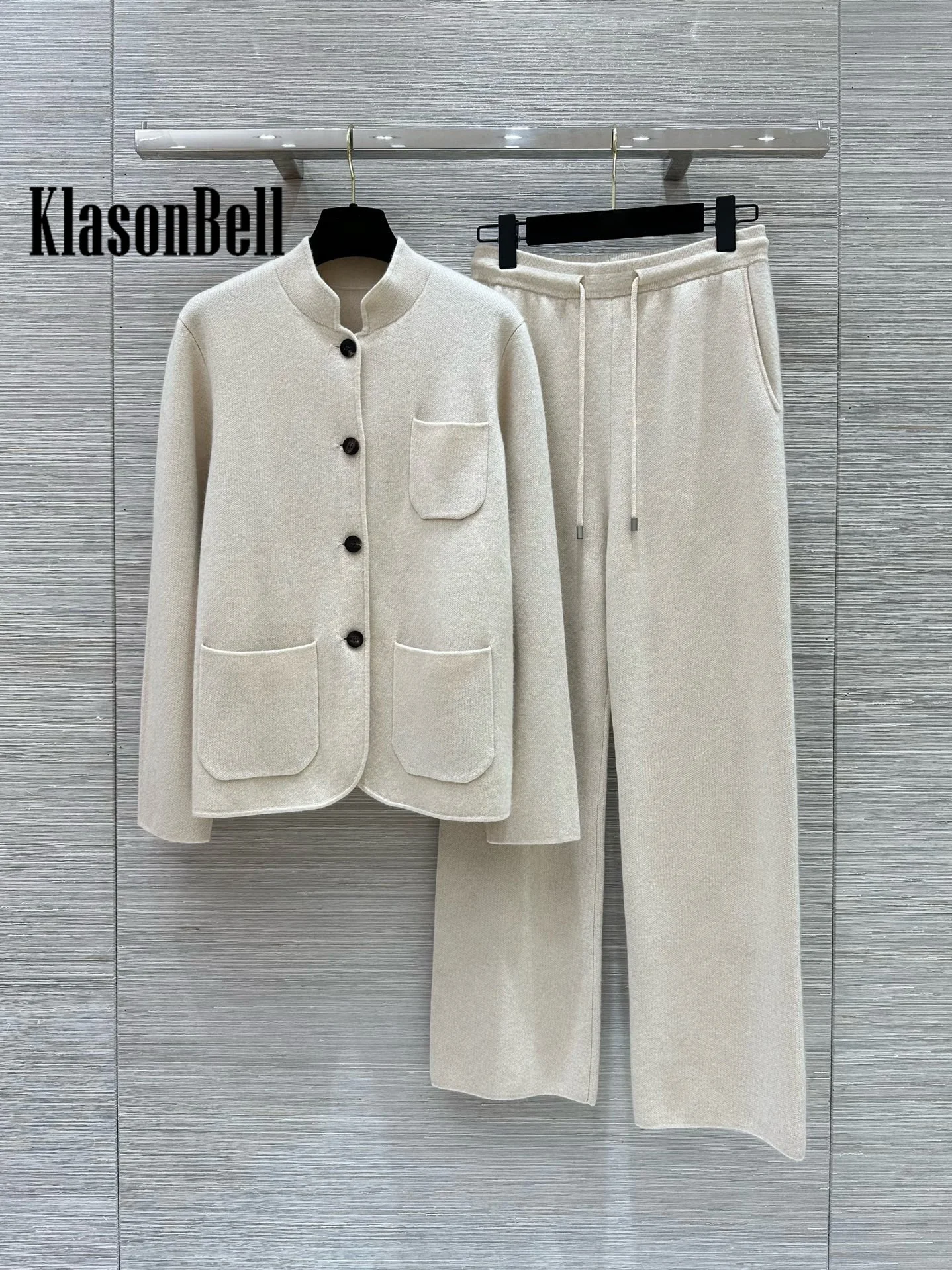 8.22 KlasonBell Women Temperament Cashmere Knit 2 Piece Set Three Pocket Single Breasted Cardigan + Lace-up Straight Pants