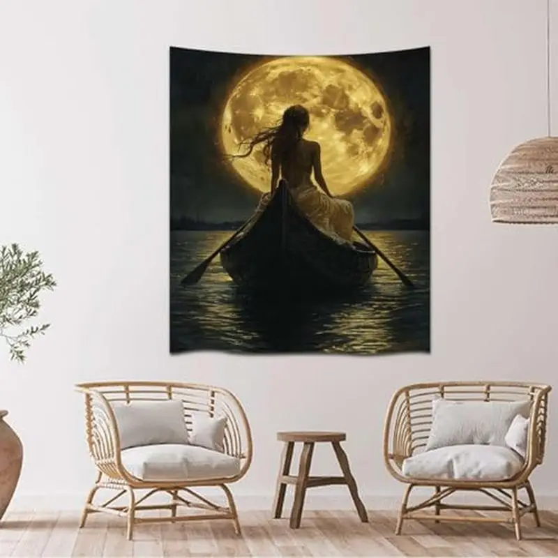 VIKAMA Golden Full Moon Woman Boat Oil Wall Tapestry Dark Night Water Reflection Female Back Rowing Fantasy Painting Bedroom