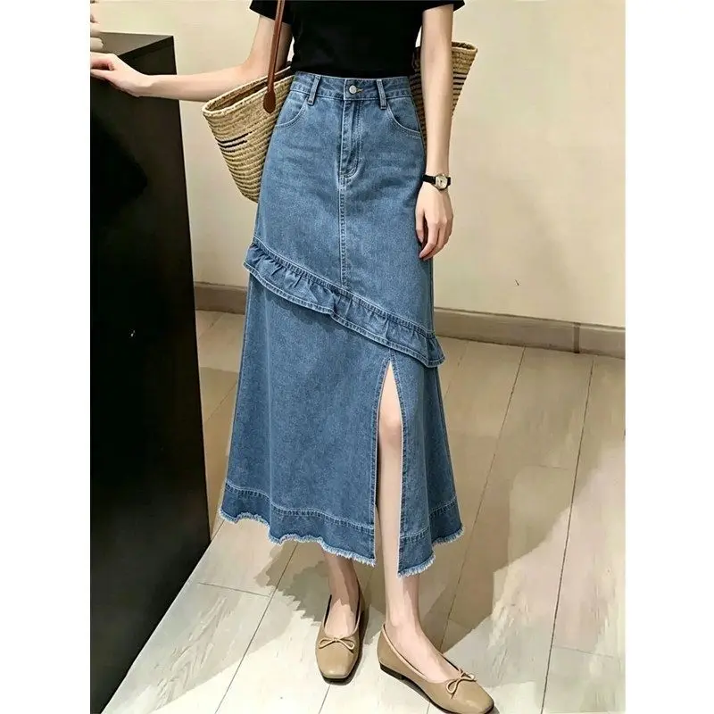 Denim Skirt For Women 2026 Autumn New Niche High Waist Split A-line Long Skirts