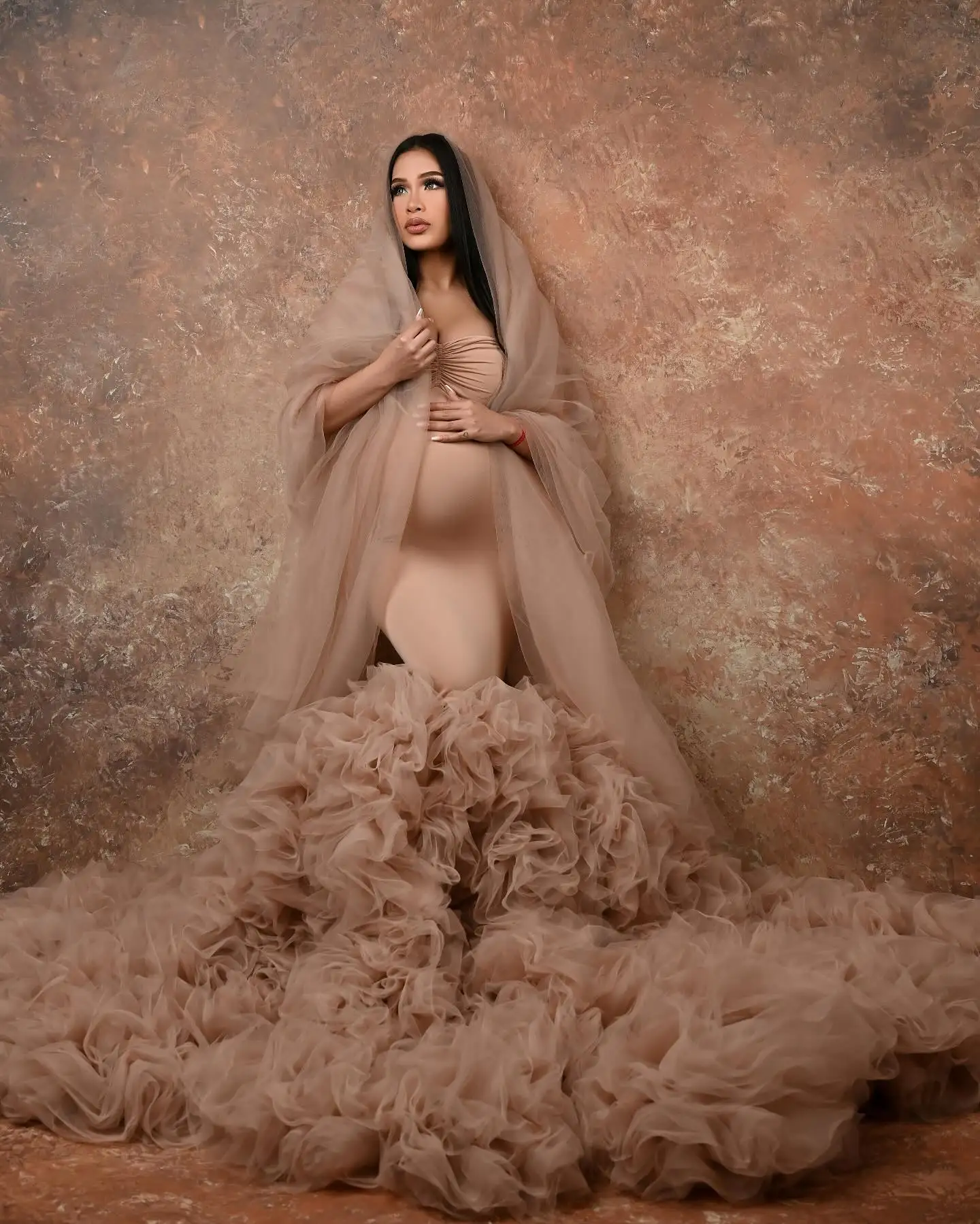 Vestido de maternidade sereia cáqui exclusivo com xales, vestidos de maternidade de tule com camadas inchadas, sessão de fotos, плаajtе для бем onder elemх personalizado