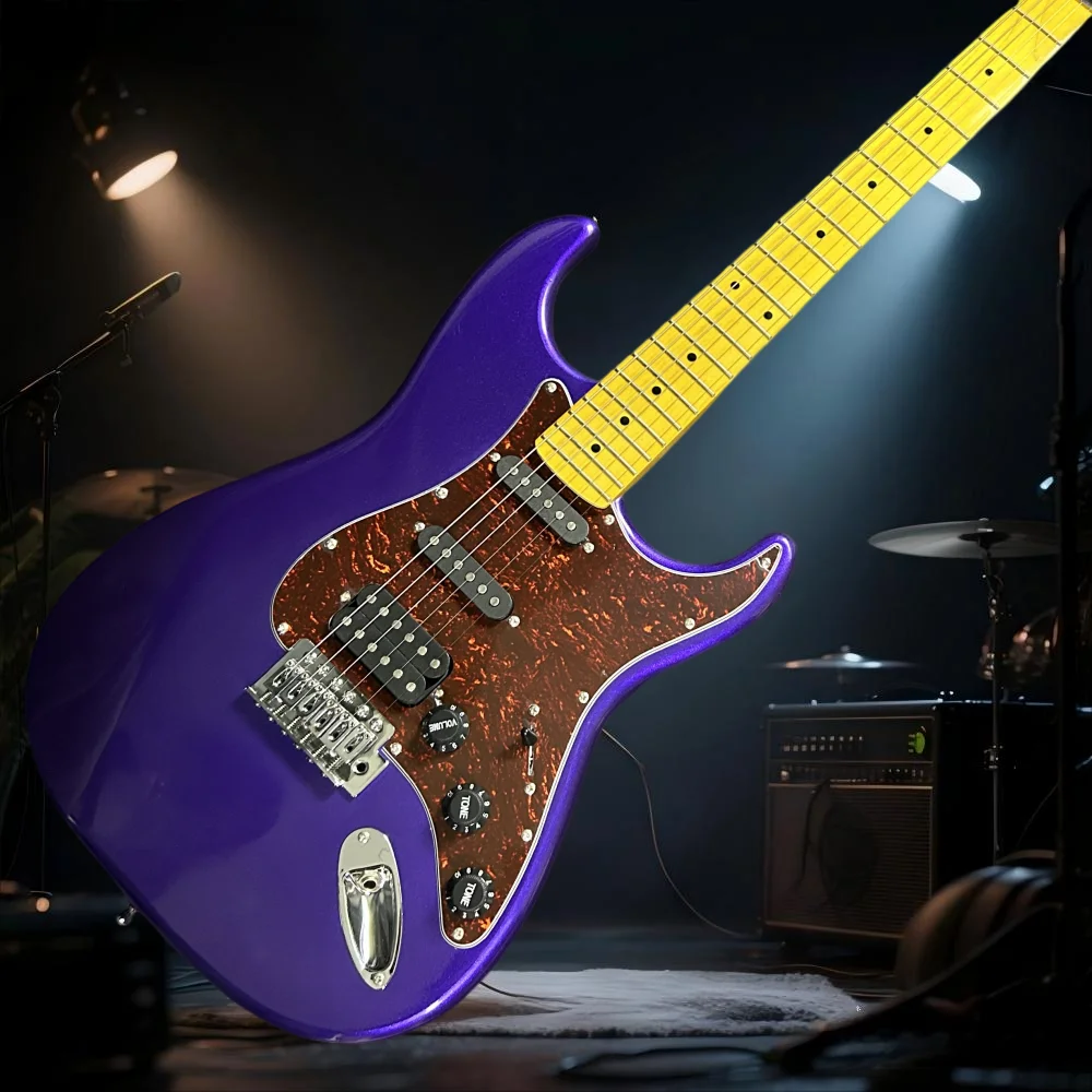 Guitarra con diapasón de palisandro con cuerpo de caoba personalizado de 6 cuerdas de alta calidad ST púrpura brillante