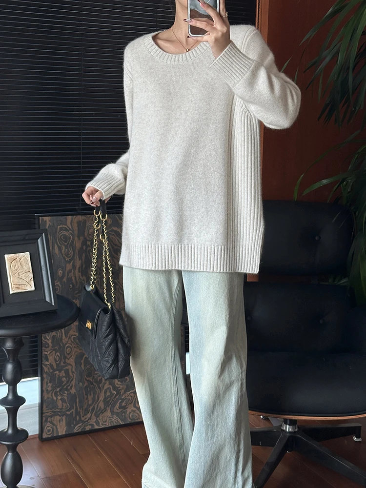 

ME Homeyang Mixed Fiber Knitted Long Sve Sweater Side Sed Pit Stripe Wool Blend Rabbitskin Nylon Cotton Autumn Winter