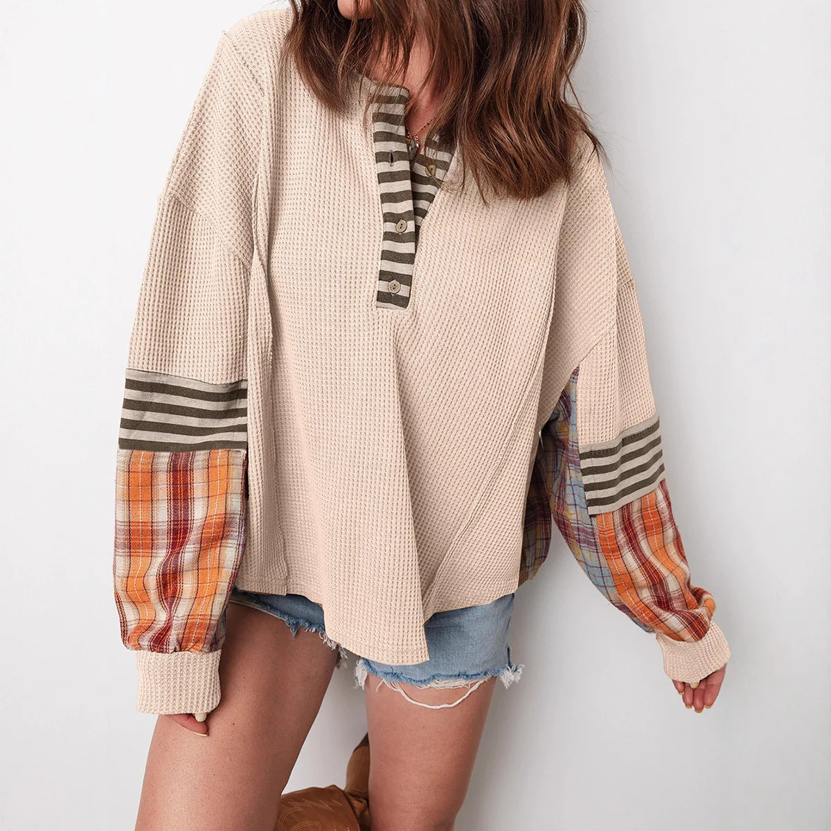 2025 Autumn Winter Fashion Patchwork Plaid Loose Casual Sweatshirts Women Full Sleeve Buttons Versatile Hipster Street Pullovers
