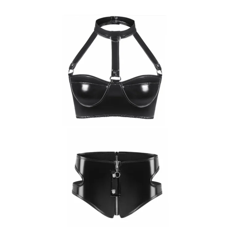 Damen-Dessous, Intim-Unterwäsche-Set, Rave Wet-Look, Lackleder, ohne Bügel, ohne gepolstertes Bauch-BH-Oberteil mit Reißverschluss, Slip