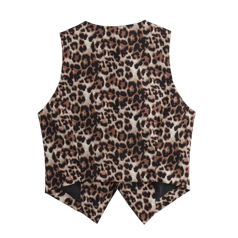 TRAF Leopard Women Vest Vintage Sleeveless Vest Woman Outerwears Animal Print Cropped Suit Vest V Neck Waistcoat Short Coats