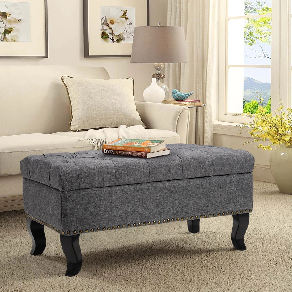 Grey Modern Nailhead Trim Buttoned Ottoman Bench 80cm W x 47cm D x 40cm H