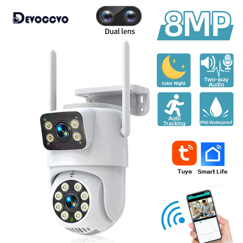 Tuya 4K Dual Lens Wifi IP Camera Outdoor Auto Tracking PTZ Wireless CCTV Security Surveillance Camera System Color Night Vision