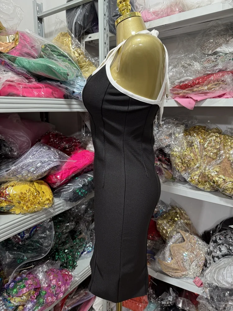 Vestido largo negro sexy cruzado, colgado en el cuello, ajustado, recortado, sin espalda, atado y vendado, vestido de noche