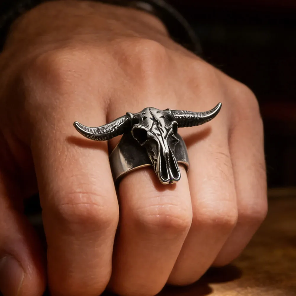 Vintage Retro Goat Skull Men Ring Stainless Steel Punk Biker Animal Head Ring Satanic Gothic Party Fashion Jewelry Gift