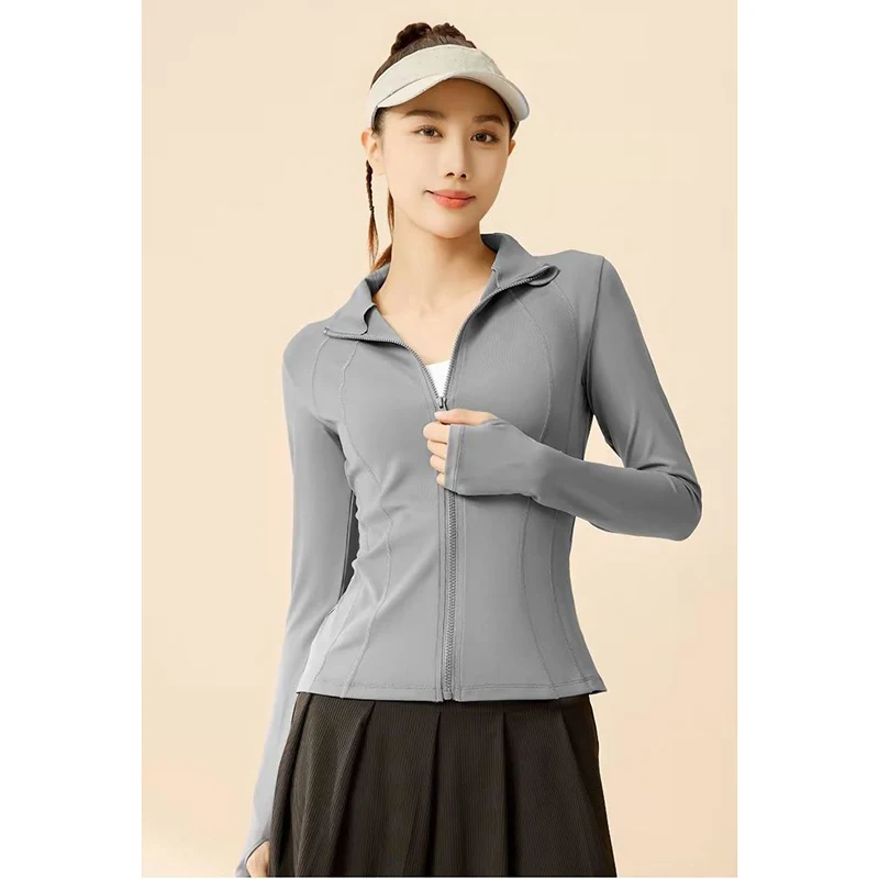 Women Summer UV Protection Stand Collar Yoga Top with Thumb Hole Tummy Control Slim Fit Yoga Jacket Running Fitness Yoga Coat