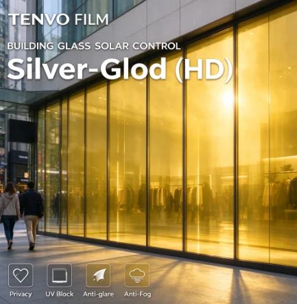 Rouleau de film teinté pour vitres HD argenté et doré, matériau PET, intimité unidirectionnelle, rejet de chaleur, anti-éblouissement, contrôle solaire pour usage domestique et automobile