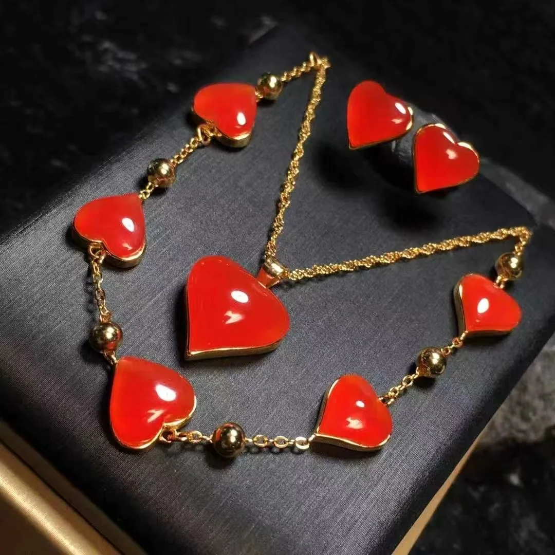 Fine Ice Red Agate Peach Heart Jewelry Set, Necklace Bracelet Earrings S925 Silver, Red Gemstone Gift for Women