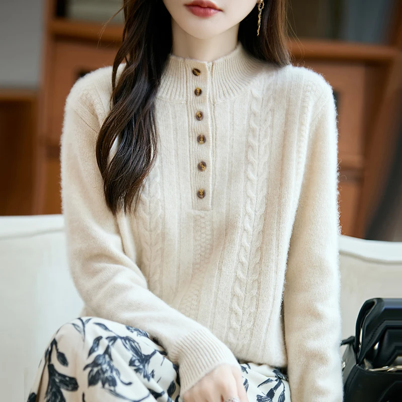 2025 New 100% Merino Wool Mock Neck Cable Sweater Women's Clothes Thick Jacquard Long-sleeved Sweater Warm Knitted Top Autumn