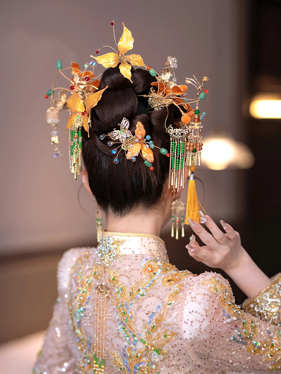 HIMSTORY Liquid Flower Butterfly Hairpin Yellow  Hair Ornament Chinese Traditional Wedding Bride Hanfu Dragon Phoenix Accessorie