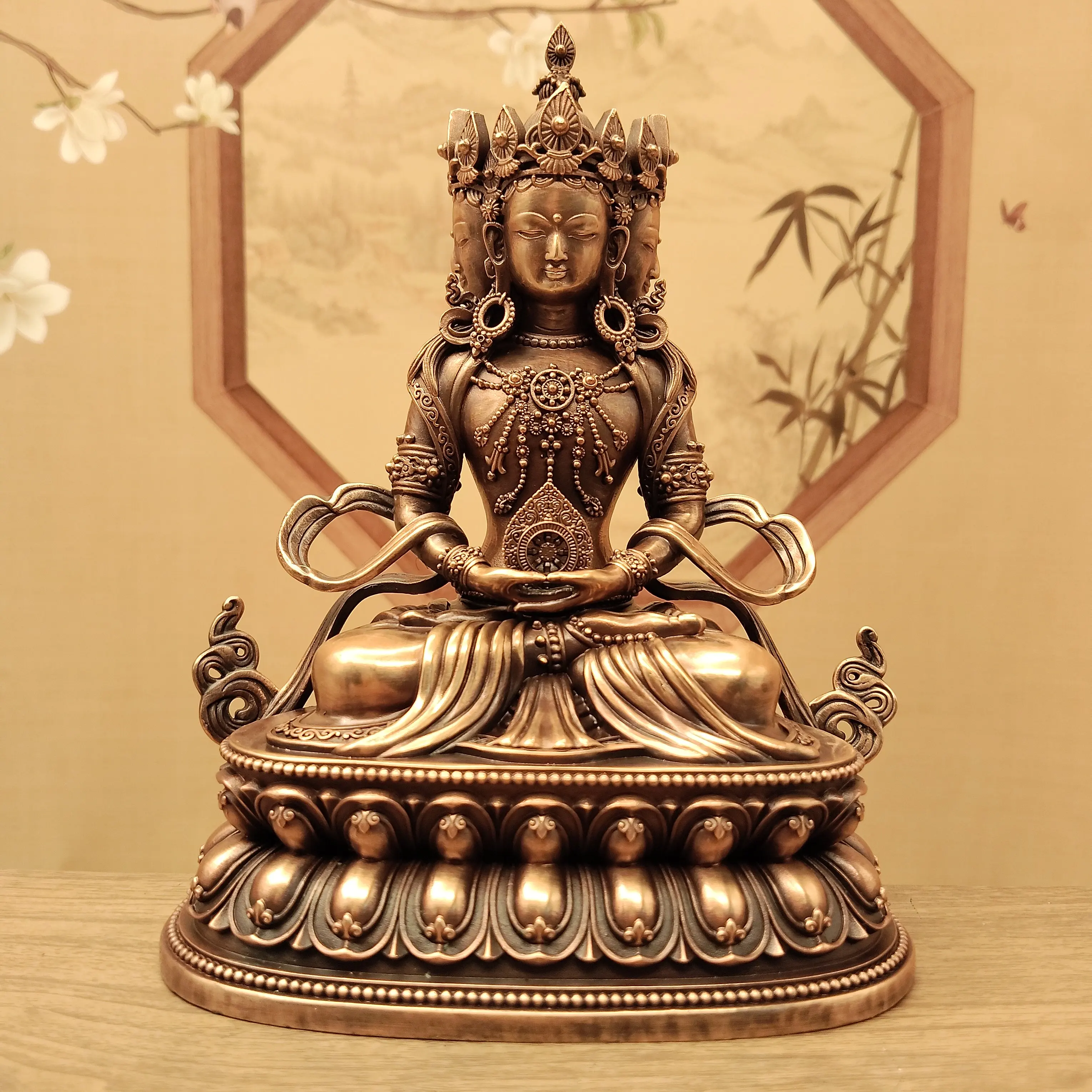 Tibetan Vajrayana Copper Vairocana Buddha Statue 15cm Desktop Office Living Room Peace Blessing