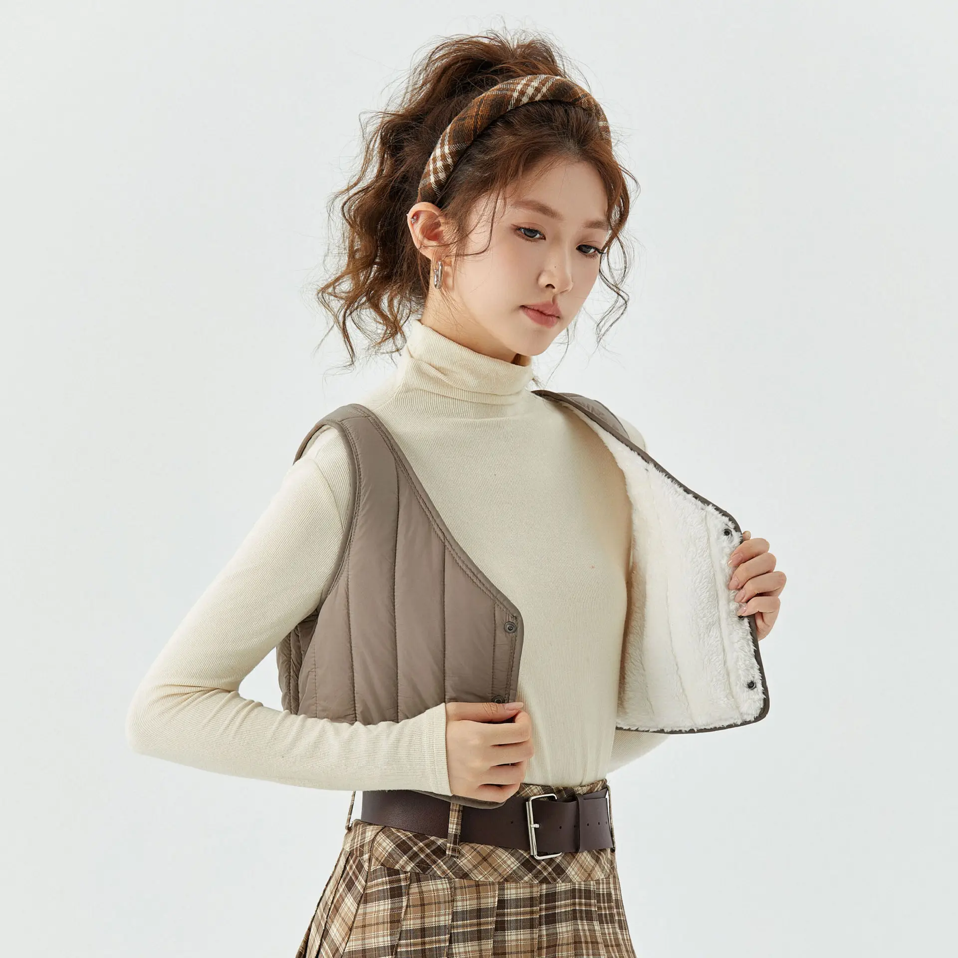 Spring and Autumn Winter Pure Color Casual Small Strap with Cotton and Velvet Inner Vest Warm Vest for Women