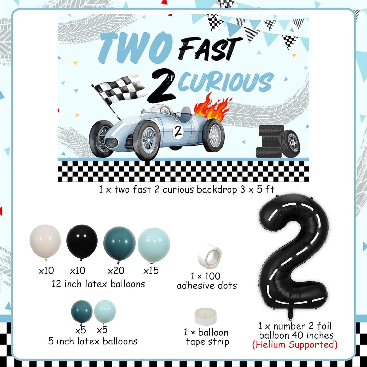 Two Fast Two Curious Boy Race Car 2nd Birthday Decorations Blue Black Balloons with Backdrop Number 2 Retro Car Foil Balloons