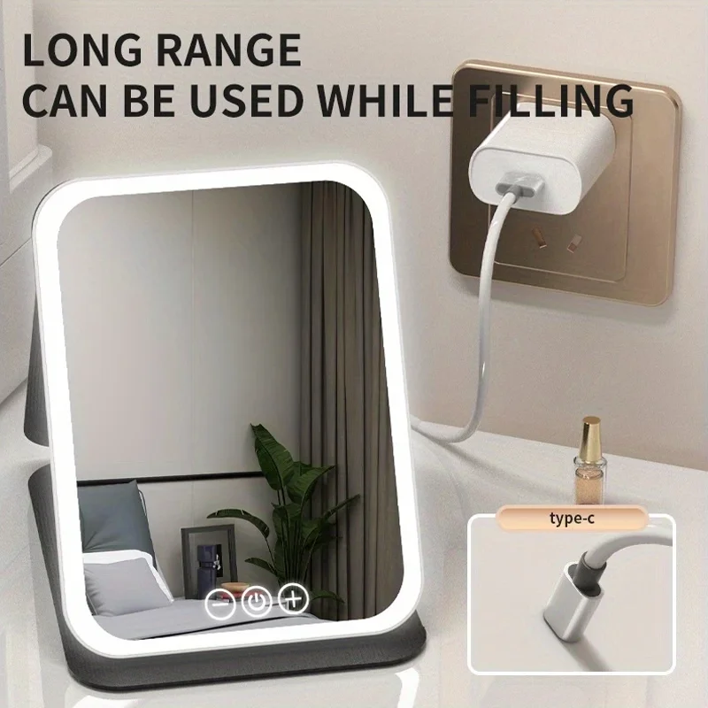 Espelho de maquiagem led 3 cores iluminação regulável com tela sensível ao toque dobrável espelho de maquiagem cosmética recarregável mesa para viagens para casa